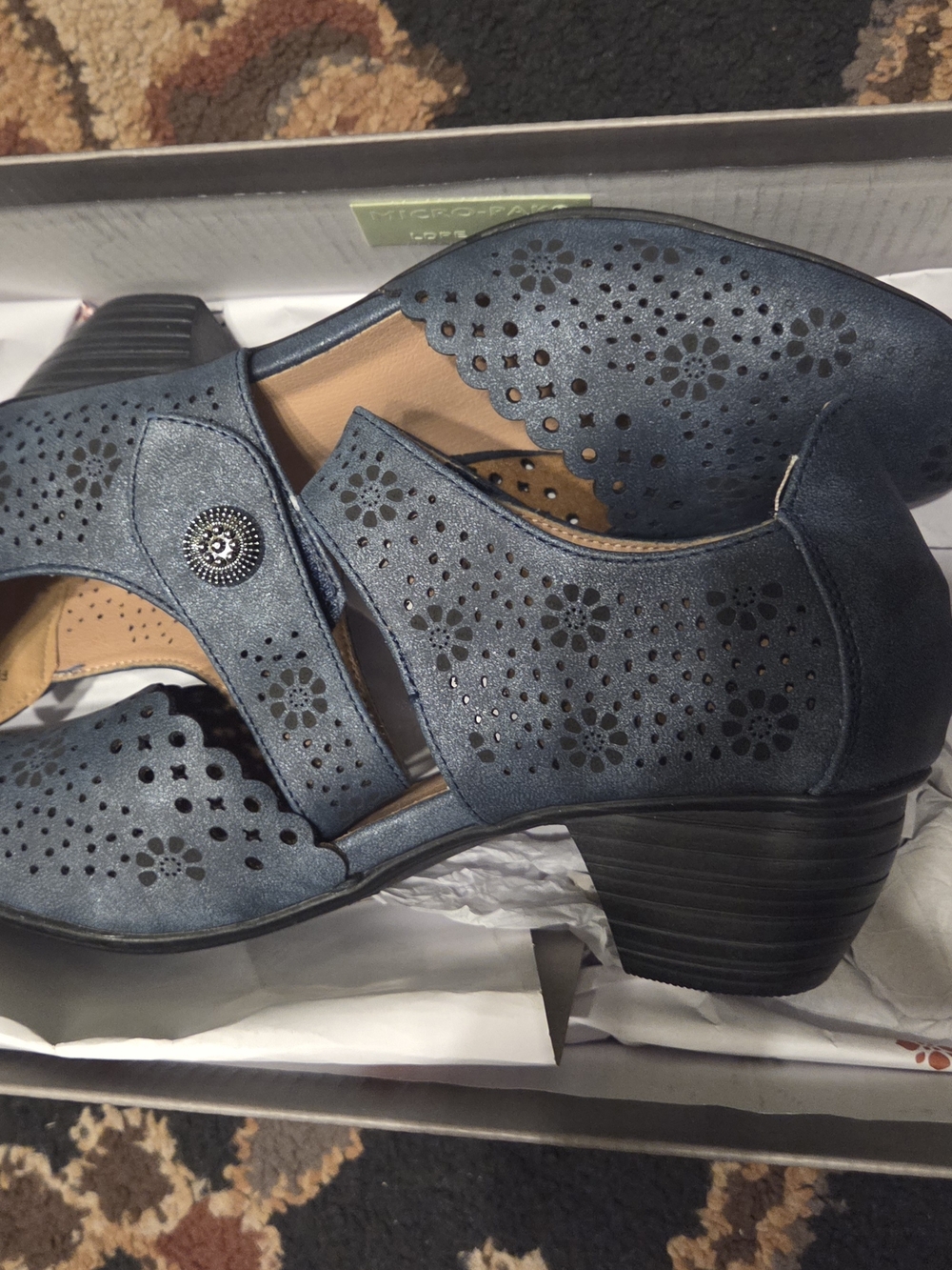 Women's Navy Perforated Low Heel Sandals - Comfort Step
